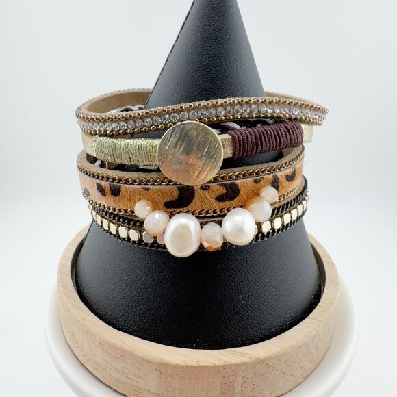 Multi-Strand Mixed Material Bracelet Bohemian Animal Print Rhinestone Faux Pearl - Picture 4 of 8